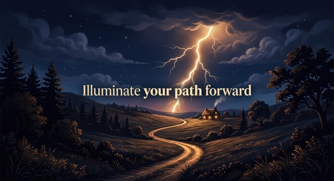 Dramatic lightning illuminates a winding country road leading to a house in a stormy night landscape