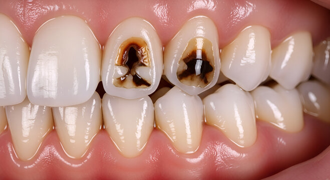 severe dental caries condition in human front teeth