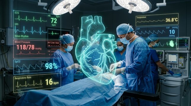 Surgical Team Performing Advanced Cardiac Operation with Augmented Reality Holographic Heart Visualization in High Tech Hospital Room