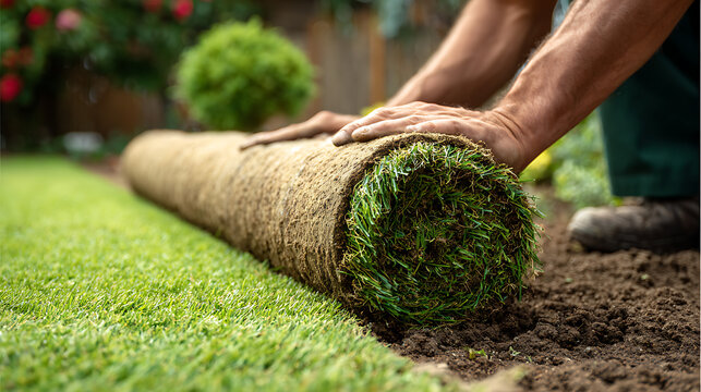 professional landscaping worker laying rolled grass turf on soil for fresh lawn installation