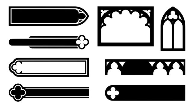 Gothic cathedral window silhouettes and arcade borders with trefoil ribbon badges for medieval architectural framing and classic decorative headers