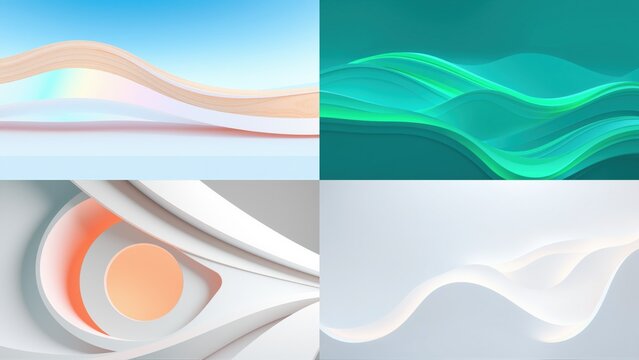 Abstract backgrounds showcase flowing shapes, soft gradients. Colors include blues, greens, oranges, whites. Modern design elements present smooth curves.