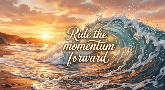 Dramatic ocean wave crashing on a beach at sunset with inspirational quote 'Ride the momentum forward', representing power, progress, and nature's for