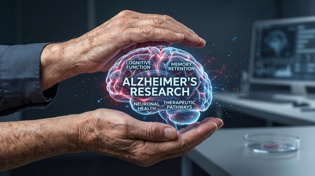 Alzheimer's research concept with digital brain scan hologram held by elderly hands, medical science innovation, cognitive function study, memory retention analysis, neurologica...