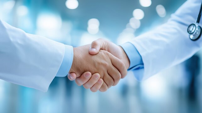 Handshake between doctor and business executive in hospital lobby, teamwork concept