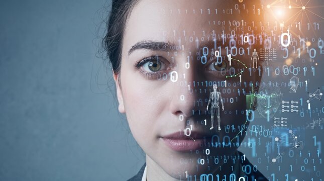 Close-up portrait of woman face overlaid with binary code numbers and digital network graphics representing artificial intelligence technology concept
