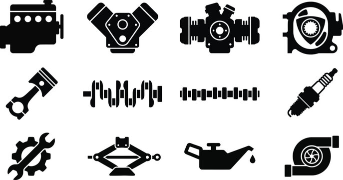 Automotive Engine Icon Set, Car Motor Parts Silhouette Collection with V and Rotary Type, Black Vector Isolated 