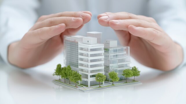 Hospital building miniature on glass table, two hands protecting it, healthcare business concept