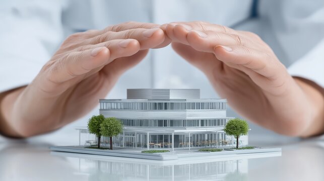 Hospital building miniature on glass table, two hands protecting it, healthcare business concept