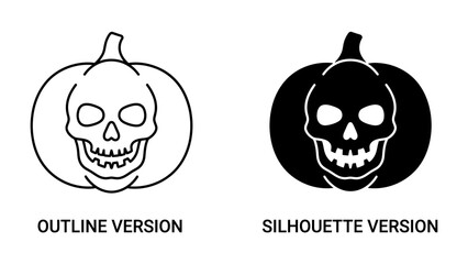 Halloween Pumpkin Skull Icon: A striking visual contrast showcasing a pumpkin with a skull carved into it, presented in both outline and silhouette versions, perfect for spooky themes. © md