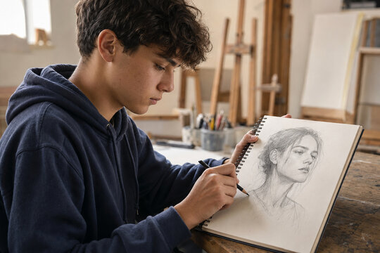 Teenage student sketching a portrait in a bright art studio setting adolescent artist artwork charcoal