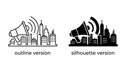 Fototapeta premium City Announcement with Megaphone: A graphic representation of a city skyline with a megaphone broadcasting sound waves, presented in both outline and silhouette versions.