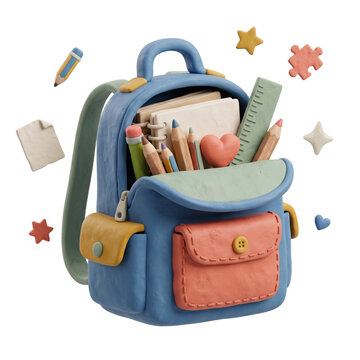 Cute 3D school backpack with colorful stationery supplies floating elements isolated on a transparent background for education design