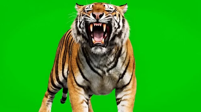 Ferocious Bengal tiger roaring powerfully with bared fangs on a bright green screen, perfect for chroma key footage and dynamic wildlife visual effects