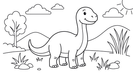 Brontosaurus dinosaur in nature landscape coloring page. © rodin