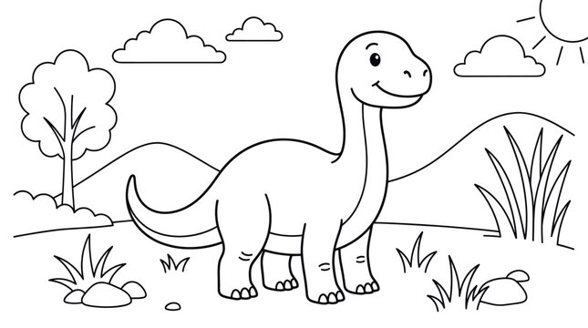 Brontosaurus dinosaur in nature landscape coloring page.