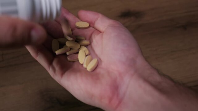 A close-up of a man hand pouring oval yellow-colored tablets from a white plastic medicine bottle. The health supplement pills drop into his open palm against a warm wooden background.