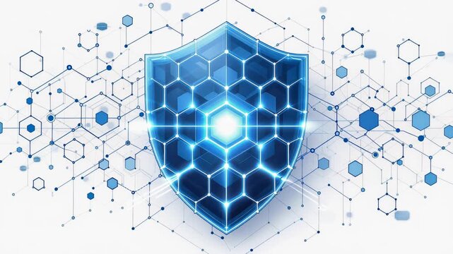 Blue shield with hexagonal grid and digital connections representing cybersecurity.