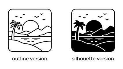 Island Paradise: Outline and silhouette illustrations depict a serene island landscape with a palm tree, mountains, and the sun setting over the ocean, perfect for travel and vacation themes. © bittv