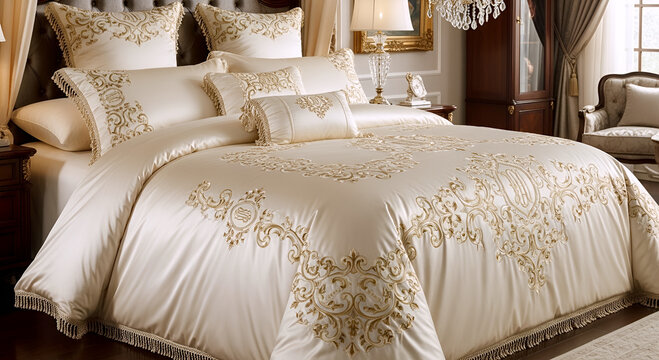 White bed sheet set with elegant embroidered motif
