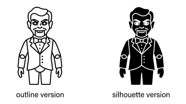 Ventriloquist Dummy Duo: A striking pair of ventriloquist dummies, one an intricate outline and the other a bold silhouette.