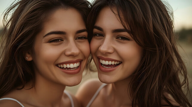 Two young women with beaming smiles and dark hair, posing closely together outdoors.