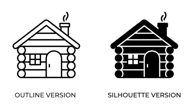 Log Cabin Icons: A set of graphic icons featuring a log cabin in both outline and silhouette versions, perfect for representing rustic living or outdoor themes.