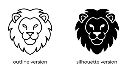 Lion Head Icons: A set of two stylized lion head icons, one an outline and the other a solid silhouette, representing strength and leadership. © hasem