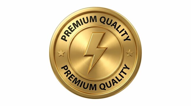 Gold coin with premium quality text and central lightning bolt icon for branding.