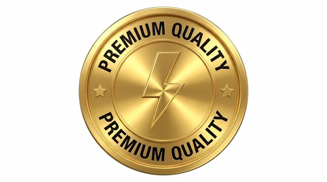 Premium quality gold medallion with central lightning bolt icon on white surface.