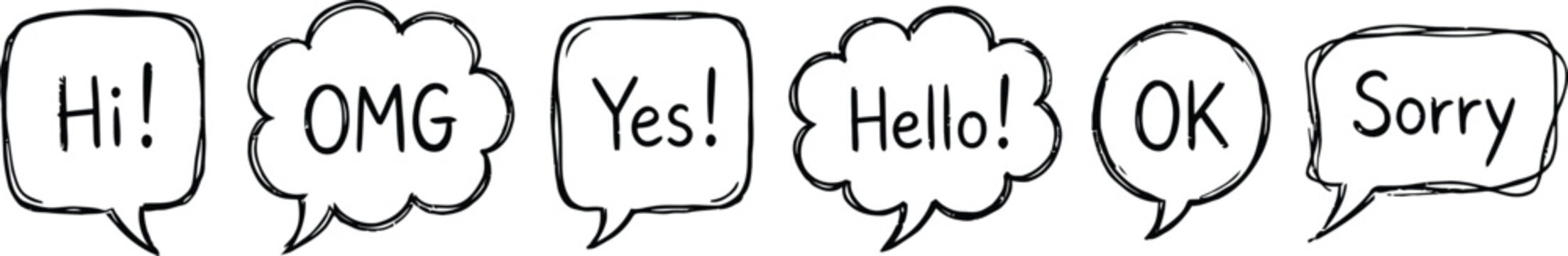 hand drawn speech bubbles with greetings and expressions