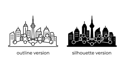Fototapeta premium City Skyline Icon Set: A graphic representation of a city skyline, presented in both outline and silhouette versions, symbolizing urban architecture and connection.