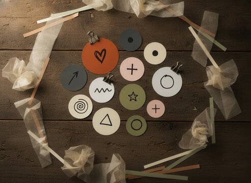 Collection of colorful fantasy symbols on a  background