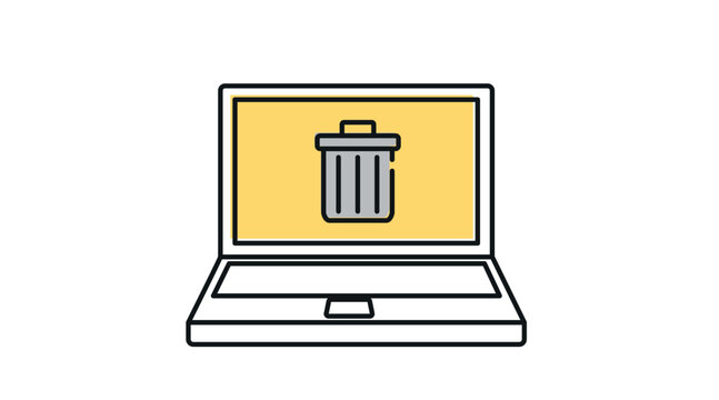 Laptop computer trash can icon: portable notebook displaying recycle bin and file delete symbol on screen, modern offset color line art vector illustration.