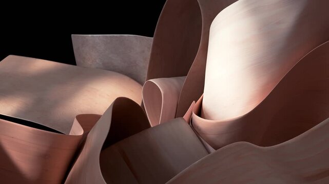 Curved layers of polished wood veneer flow in warm brown and cream tones, forming a smooth undulating 3D abstract surface.