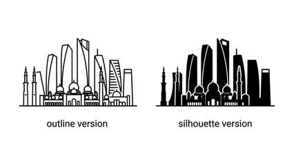 Cityscape Icons: A striking graphic representation of a modern city skyline, presented in both an outline and silhouette version, highlighting architectural diversity and urban development. © hasem