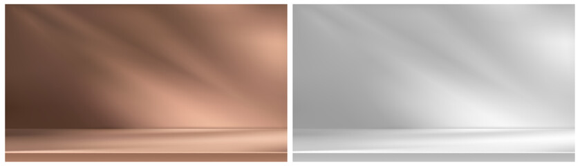 Obraz premium Monochrome backgrounds with podiums with lighting and shadows. Vector studio places for photo sessions, presentation of product or advertising displays. Photography backdrops and presentations