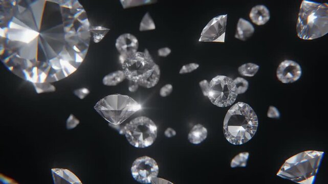 Scintillating diamonds falling in slow motion against a dark background with cinematic lighting and sparkle effects
