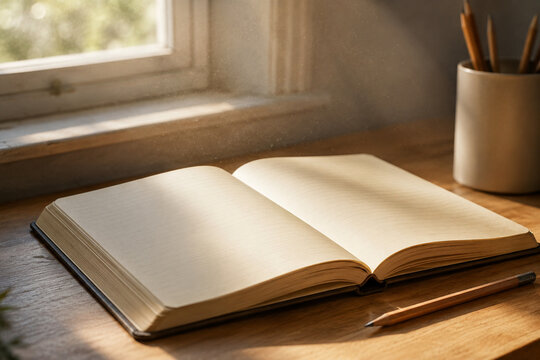 Open school notebook with a pencil bathed in morning sunlight on a wooden surface lined