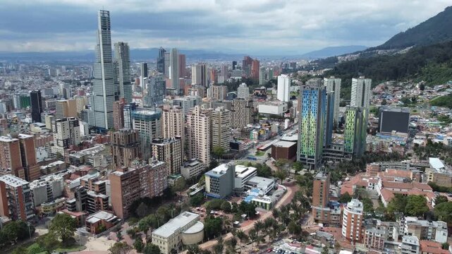 Aerial drone overview of downtown Bogot&aacute; Financial District skyscrapers in 4k, Colombia