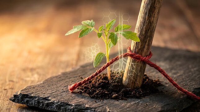 A small green tomato seedling tied to a wooden stake on a slate board.