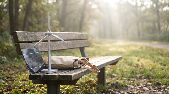 Small wind turbine and solar panel model on a wooden park bench in a forest.
