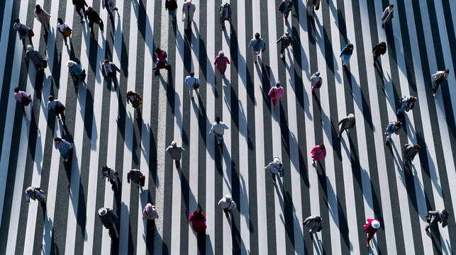 Pedestrians Crossing Zebra Crosswalk Aerial View