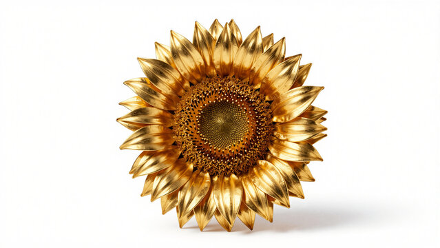 Industrial sunflower made of forged gold-plated cast iron on a white background, concept of heavy industry and innovation,4K, Subject on the center, Copy space on the both side