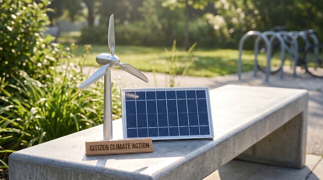 Small model wind turbine and solar panel on a park bench representing citizen climate action.