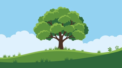 A single green tree stands on a rolling hill under a blue sky with white clouds. © Abhinaya Project