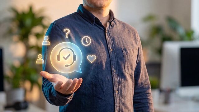 Customer service and support concept, man holding speech bubble with headset and checkmark, question mark, clock, heart and user icons, helpdesk assistance, client care and consumer satisfaction