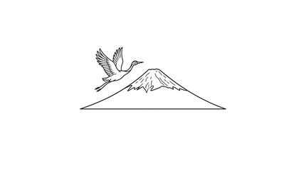 Obraz premium Minimalist flying crane over mountain peak line art illustration