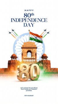 80th independence day india graphic design with historic landmarks, independence