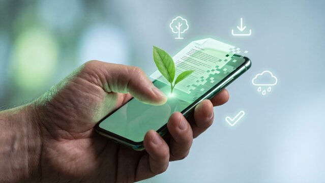 Paperless office and digital document concept, hand holding smartphone with green sprout and paper turning into pixels, tree, download, cloud and checkmark icons, eco friendly technology saving nature